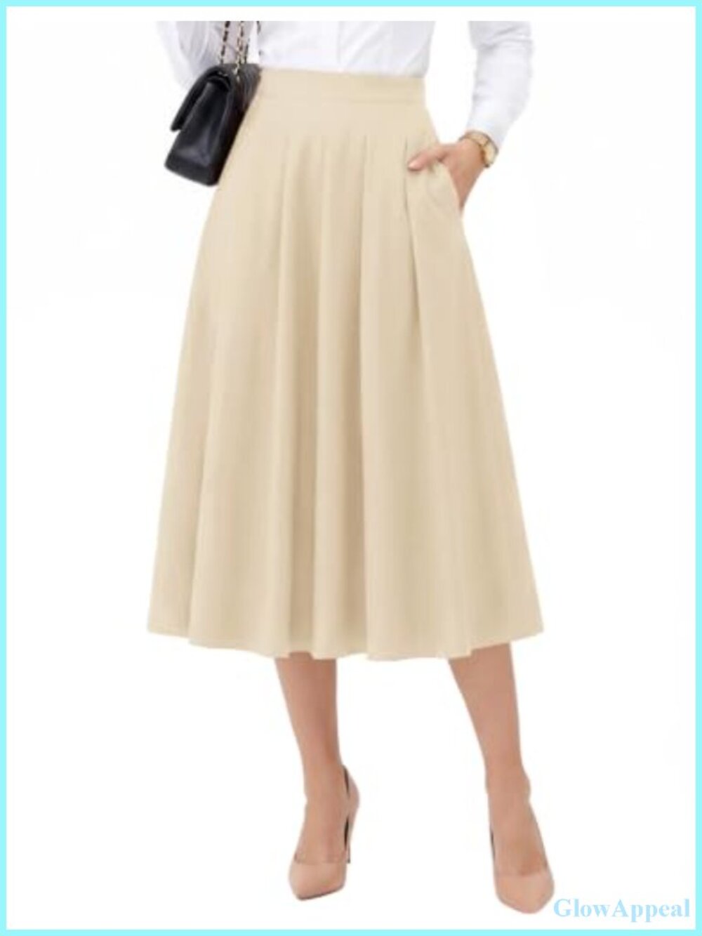 Pleated Midi Skirt High Waist A-Line with Pockets Business Work
